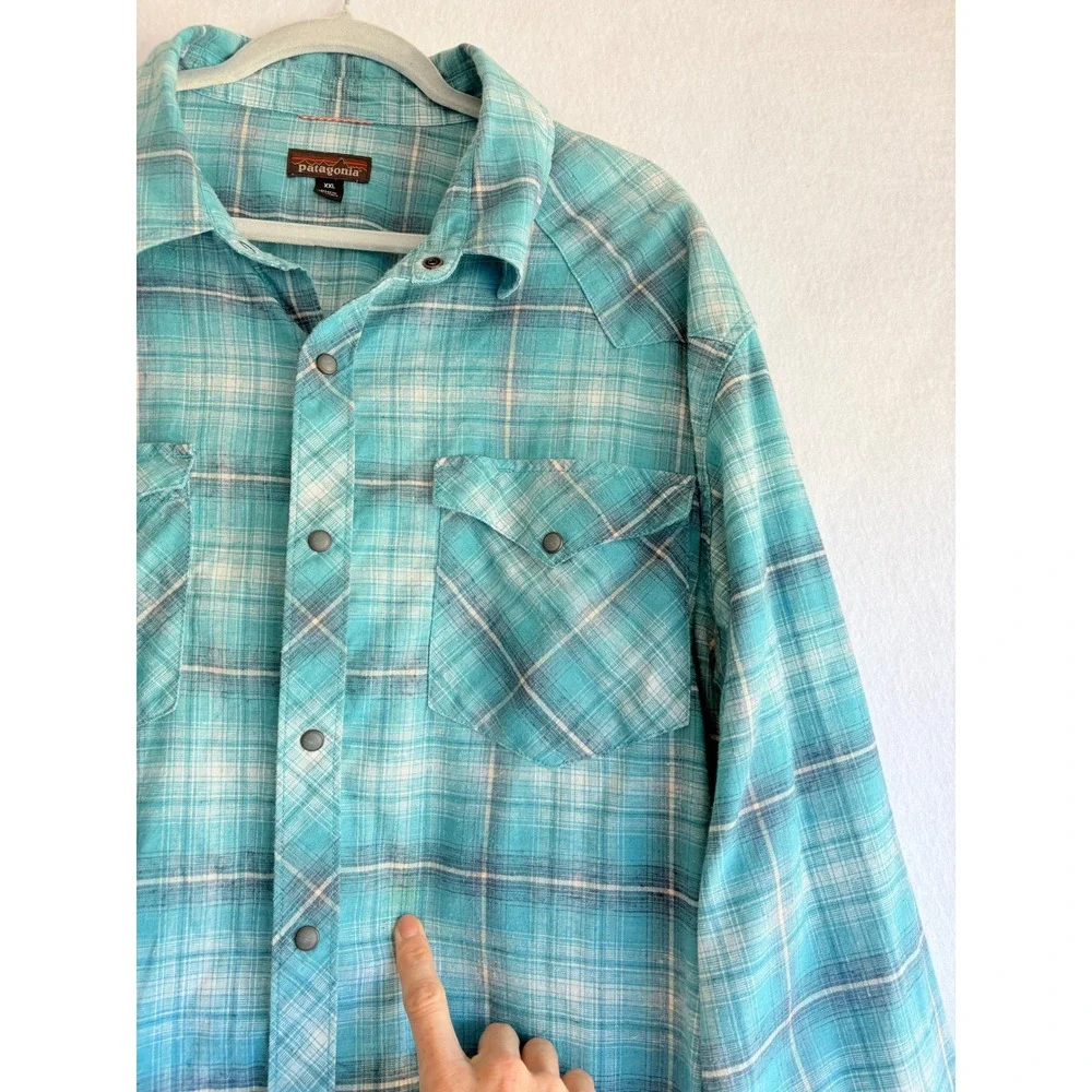 Patagonia Mens XXL Turquoise Plaid Hemp Blend Snap Front Western Shirt